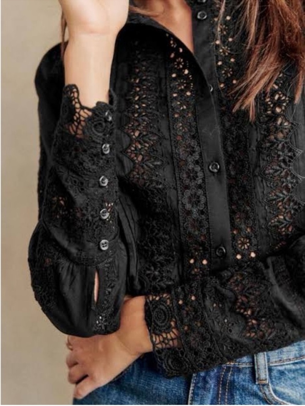 Sezane Black Lace Button-Down Shirt